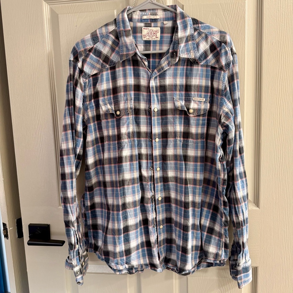 Lucky Brand Men’s Blue Plaid Shirt with snaps size L